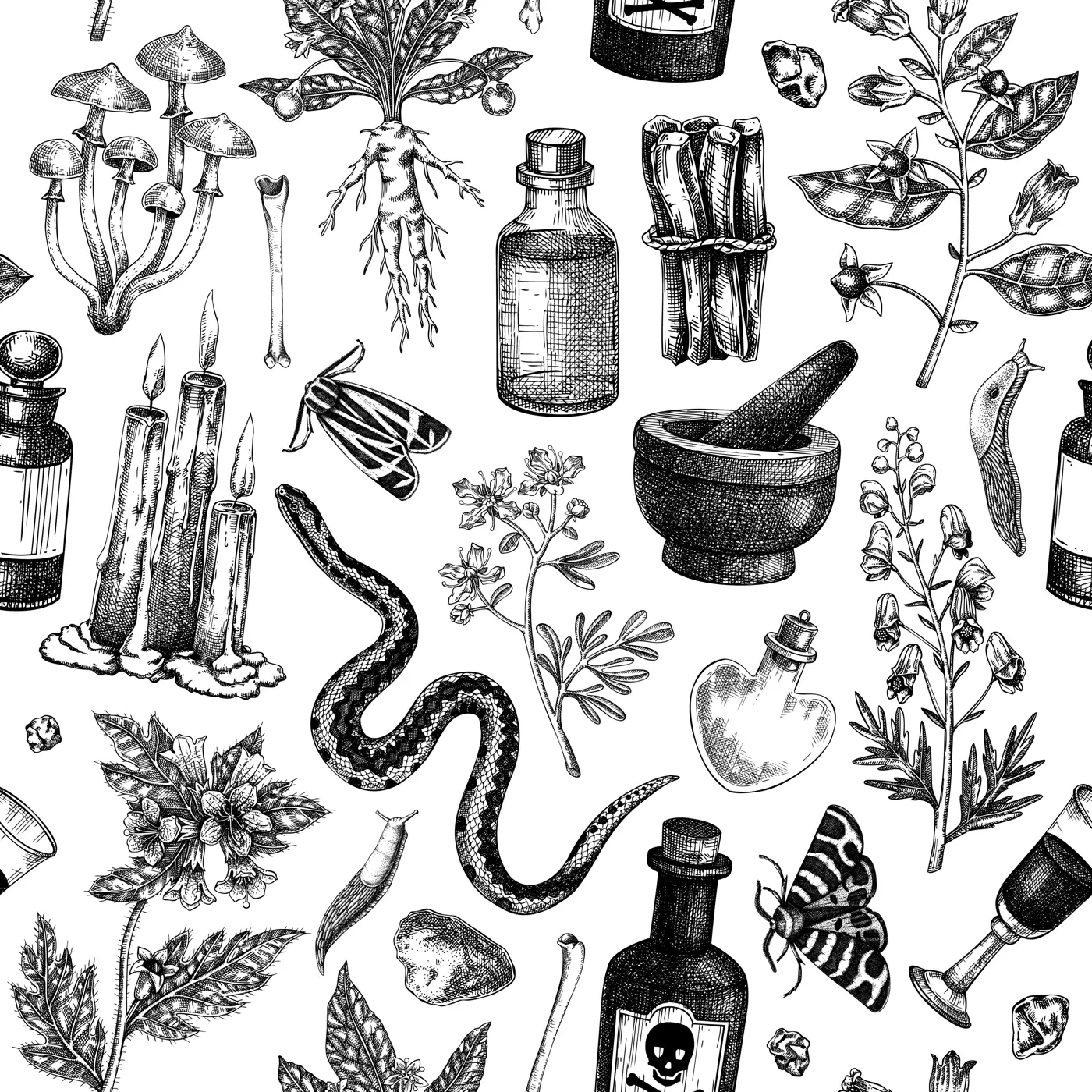 Witchcraft seamless pattern. Bohemian background. Witch herbs, poisonous plants, magic ingredients, animals, and floral elements. NOT AI generated Illustration